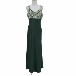 Vintage Let's Fashion Satin Metallic Scallop Hem Gown M Medium Straps Maxi Dress